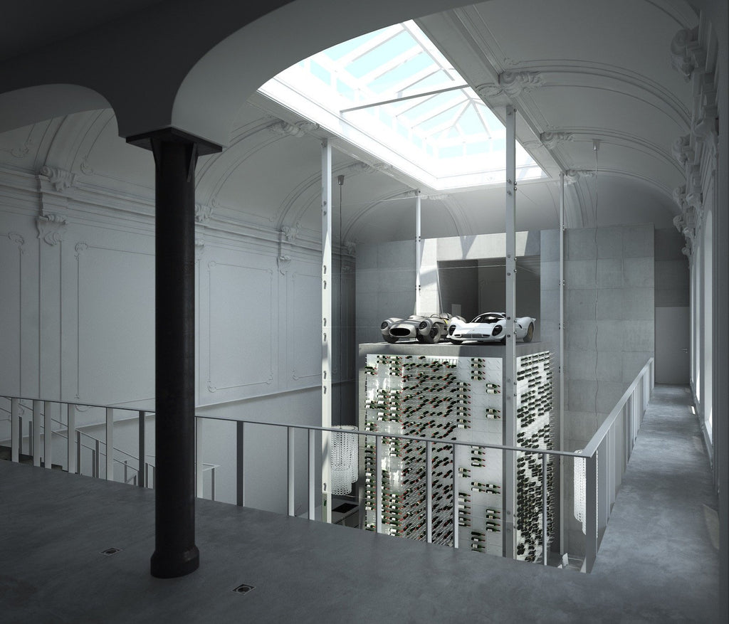 rammeløs glas vinkælder med bil elevator